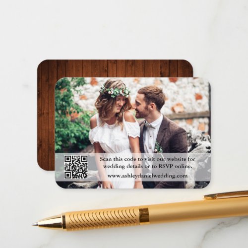 Rustic Wood Wedding Website QR Overlay Photo Enclosure Card