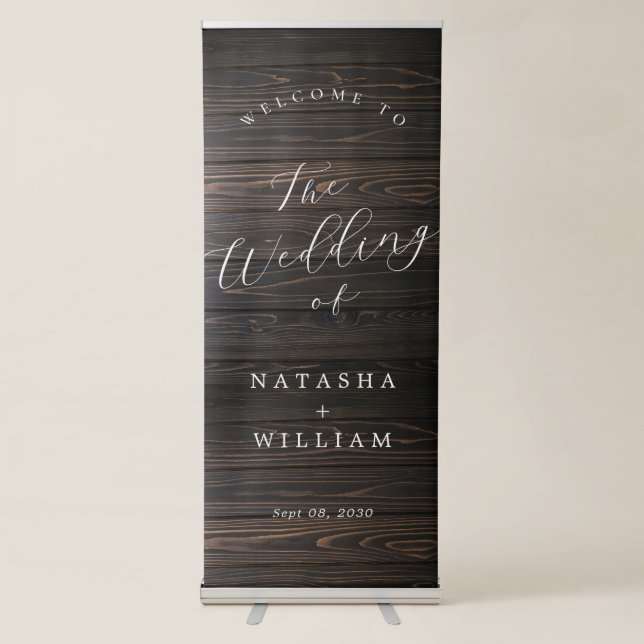 Rustic Wood Wedding  Welcome Sign: Elegant Script Retractable Banner (Front)