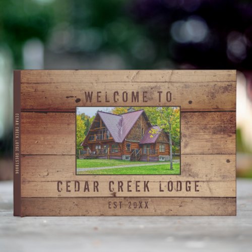 Rustic Wood Welcome Photo Personalized Guest Book