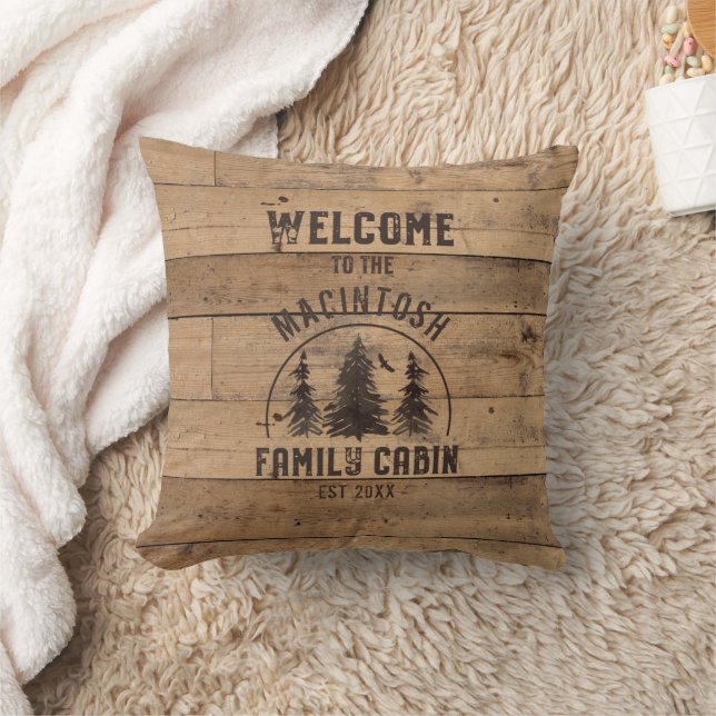 Rustic Wood WELCOME TO THE NAME FAMILY CABIN Throw Pillow (Blanket)