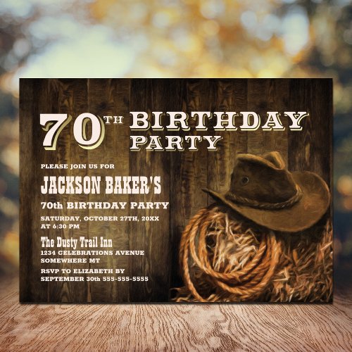 Rustic Wood Western 70th Birthday Party Invitation