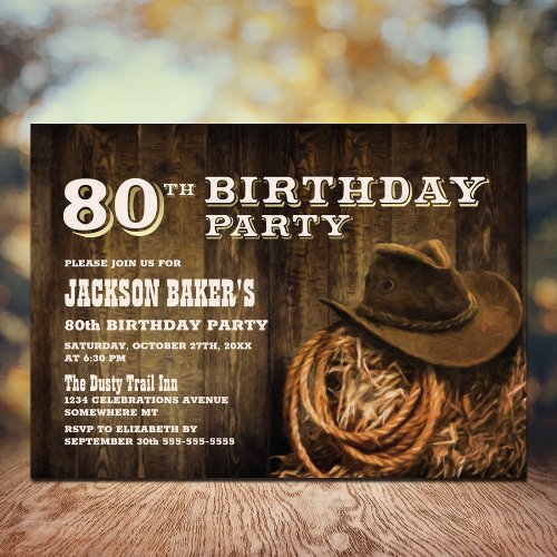 Rustic Wood Western 80th Birthday Party Invitation