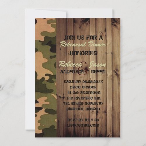 rustic wood western Camo Wedding rehearsal dinner Invitation