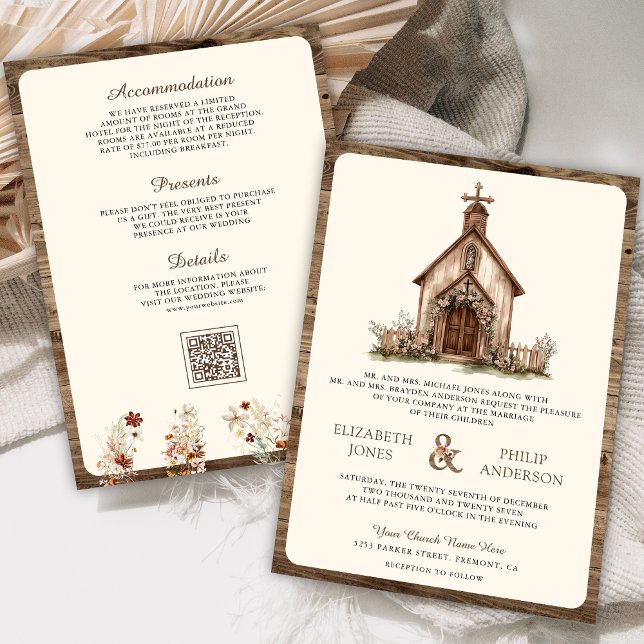 Rustic Wood Western Chapel All in One Wedding Invitation (Creator Uploaded)