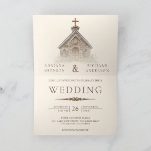 Rustic Wood Western Chapel All in One Wedding Invitation