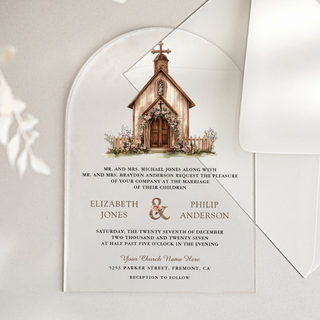 Rustic Wood Western Chapel Wedding Acrylic Invitations (Creator Uploaded)