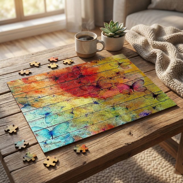 Rustic Wood Whimsical Watercolor Butterflies Jigsaw Puzzle (Creator Uploaded)