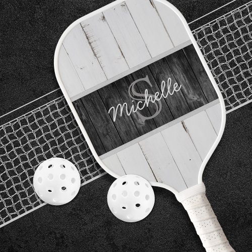 Rustic Wood White Black Monogram Pickleball Paddle