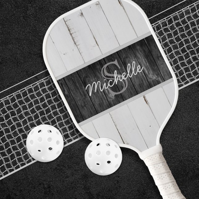 Rustic Wood White Black Monogram Pickleball Paddle (Creator Uploaded)