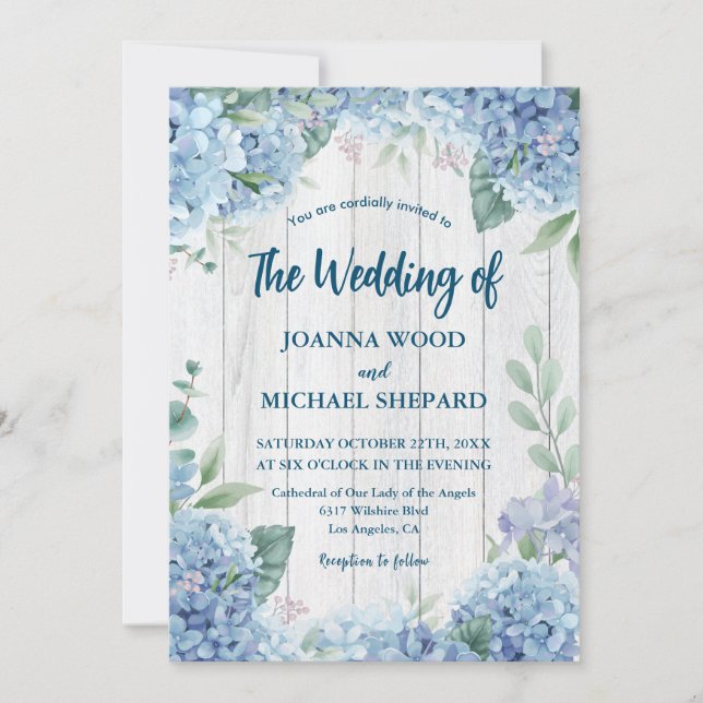 Rustic Wood White Blue Hydrangea Wedding Invitation (Front)