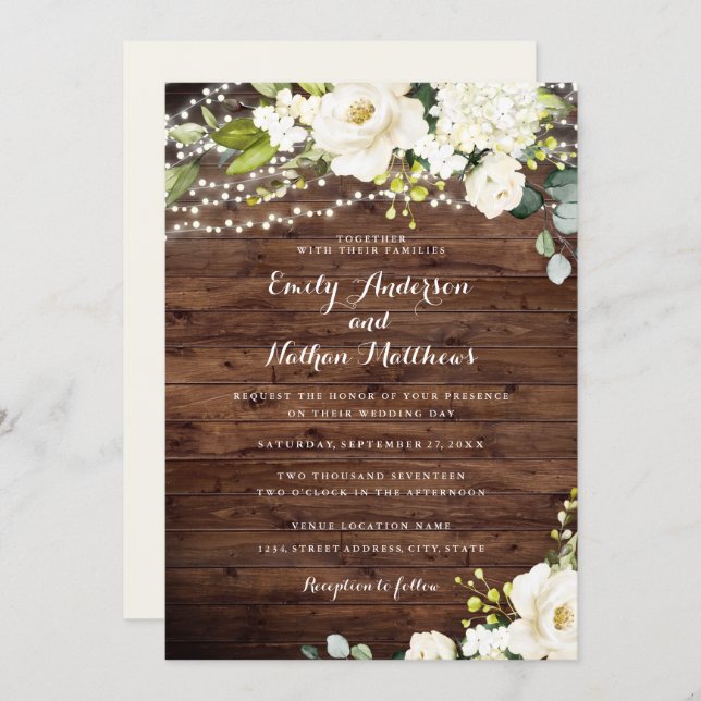 Rustic Wood White Champagne Floral Lights Wedding Invitation (Front/Back)