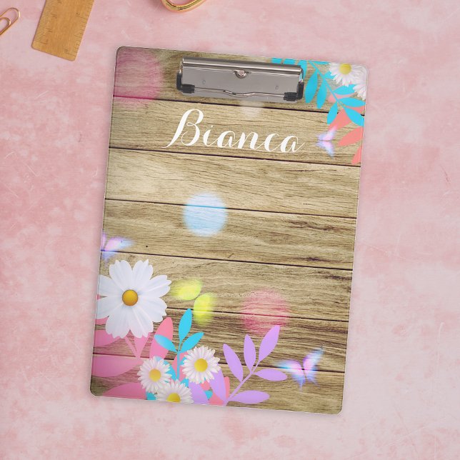 Rustic Wood White Daisy & Glowing Butterfly Clipboard (Creator Uploaded)