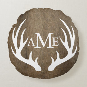 Rustic Wood White Deer Antlers Wedding Round Pillow