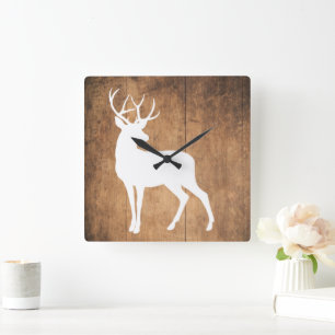 Rustic Wood & White Deer  Square Wall Clock