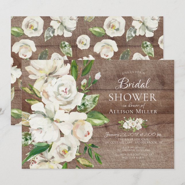 Rustic Wood White Floral Bridal Shower Invitations (Front/Back)