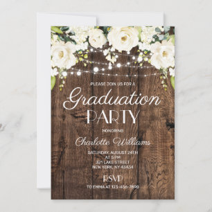 Rustic Wood White Floral Graduation Party Invitation