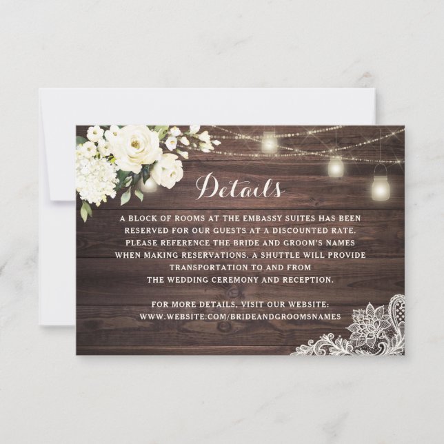 Rustic Wood White Floral Lace Wedding Details Info Invitation (Front)