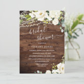 Rustic Wood White Floral Lights Bridal Shower Invitation (Standing Front)