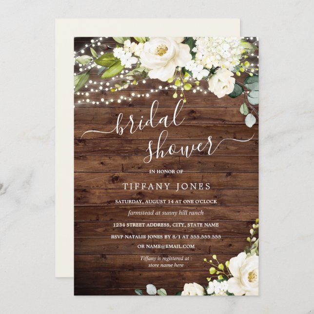 Rustic Wood White Floral Lights Bridal Shower Invitation (Front/Back)