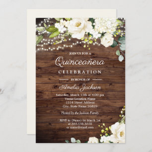 Rustic Wood White Floral Lights Quinceanera Invitation