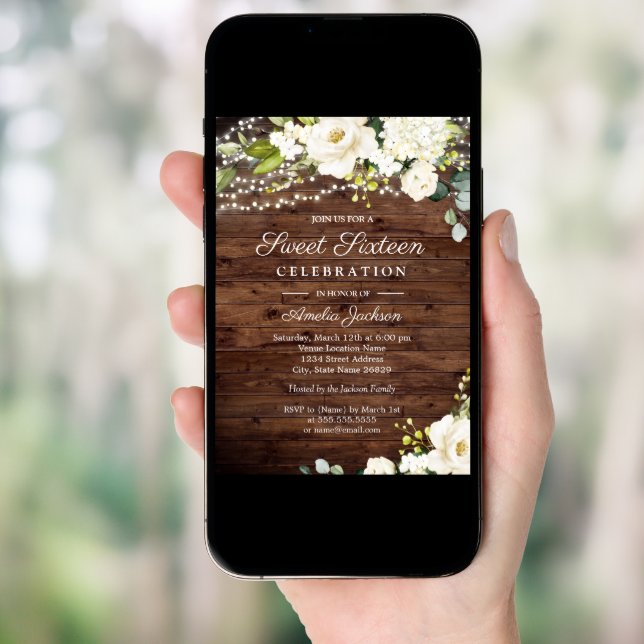 Rustic Wood White Floral Lights Sweet 16 Invitation (Front Digital)