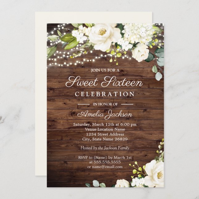 Rustic Wood White Floral Lights Sweet 16 Invitation (Front/Back)