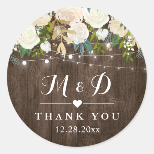 Rustic Wood White Floral Monogram Wedding Favor Classic Round Sticker