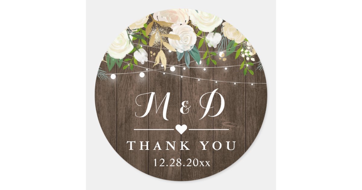 Rustic Wood White Floral Monogram Wedding Favor Classic Round Sticker ...