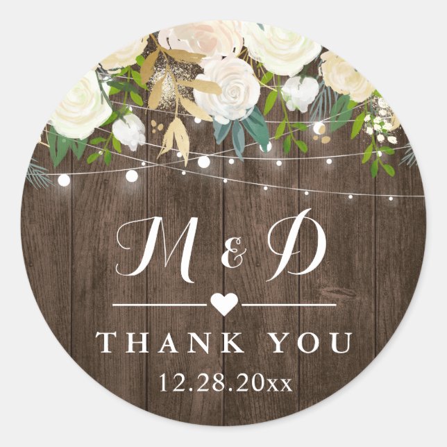 Rustic Wood White Floral Monogram Wedding Favor Classic Round Sticker (Front)