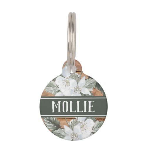 Rustic Wood White Floral Name and Address Pet ID Tag
