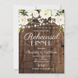 Rustic Wood White Floral Rehearsal Dinner Invitation