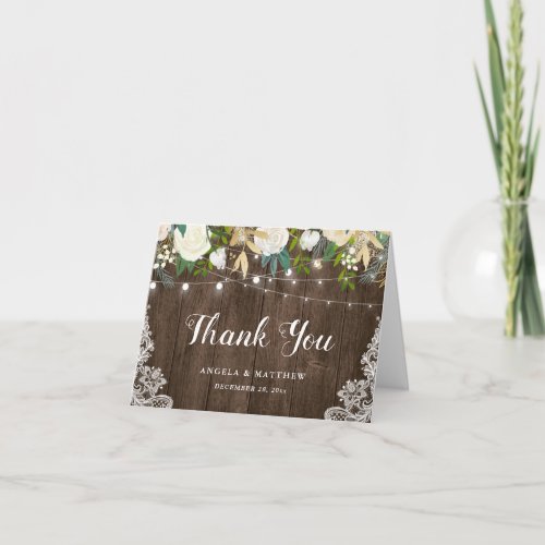 Rustic Wood White Floral String Lights Thank You