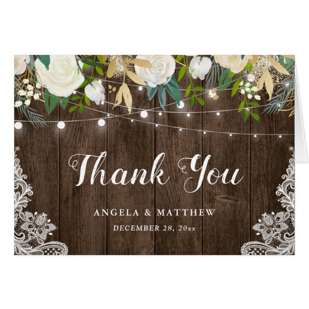 Rustic Wood White Floral String Lights Thank You Card