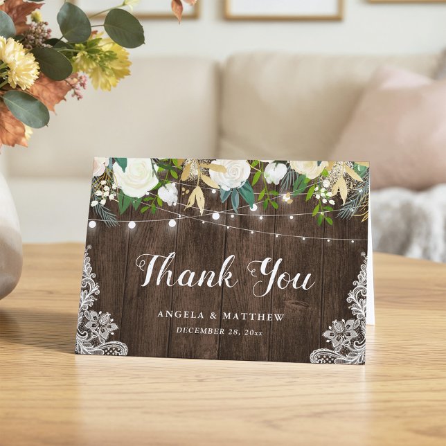 Rustic Wood White Floral String Lights Thank You Card (Creator Uploaded)