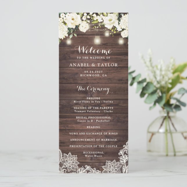 Rustic Wood White Flower Lace String Light Wedding Program (Standing Front)
