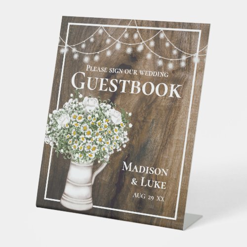 Rustic Wood White Flowers Lights Guestbook Sign