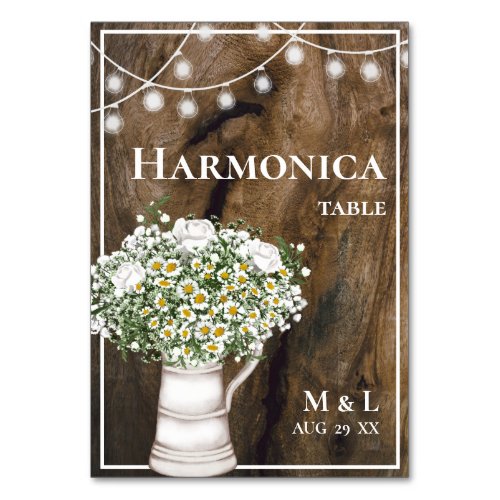 Rustic Wood White Flowers Lights Harmonica Wedding Table Number