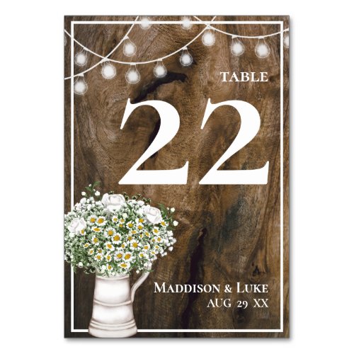 Rustic Wood White Flowers String of Lights Wedding Table Number