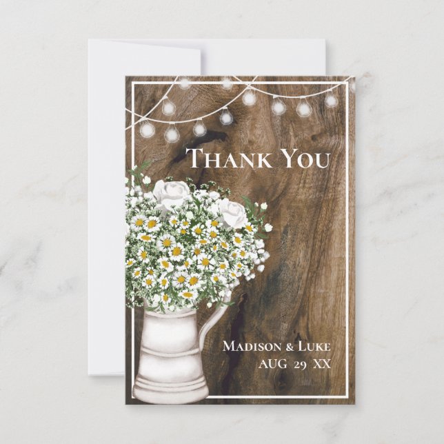 Rustic Wood White Frame Flowers Lights Wedding Thank You Card (Front)