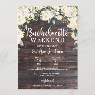 Rustic wood white hydrangea roses bachelorette invitation