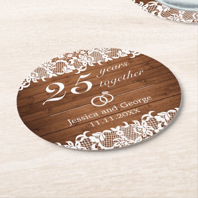 Rustic Wood & White Lace Anniversary Round Paper Coaster (Angled)