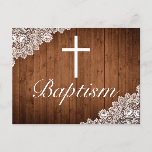 Rustic Wood  White Lace Baby Baptism Announcement Postcard