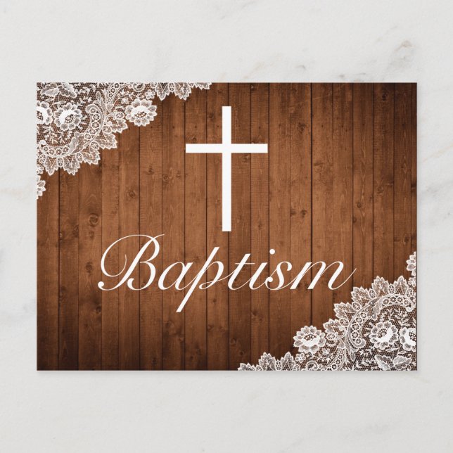 Rustic Wood & White Lace Baby Baptism Announcement Postcard (Front)