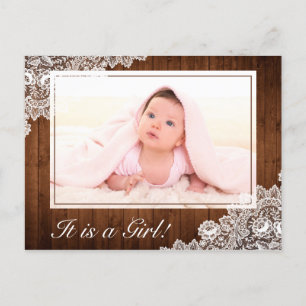 Rustic Wood & White Lace Baby Girl Photo Birth Announcement Postcard