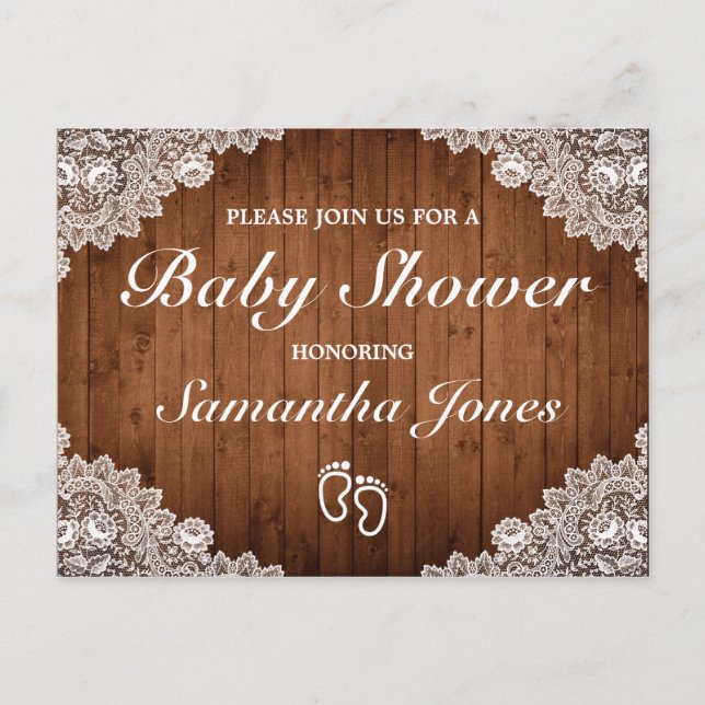 Rustic Wood & White Lace Baby Shower Announcement Postcard (Front)