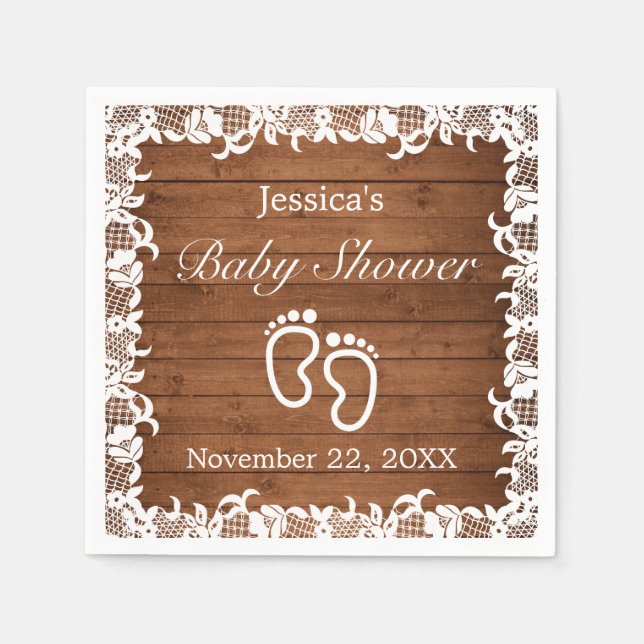 Rustic Wood & White Lace Baby Shower Napkins (Front)