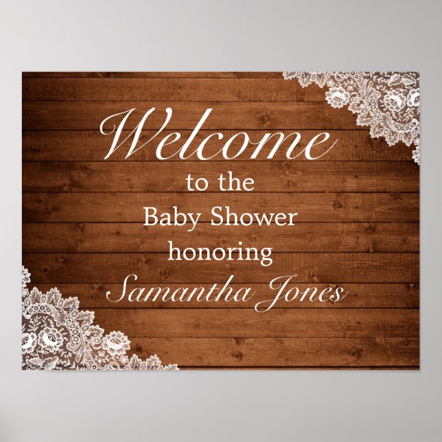Rustic Wood & White Lace Baby Shower Welcome Sign (Front)