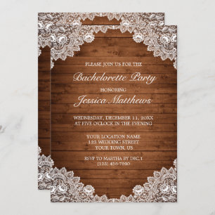 Rustic Wood & White Lace Bachelorette Party Invitation