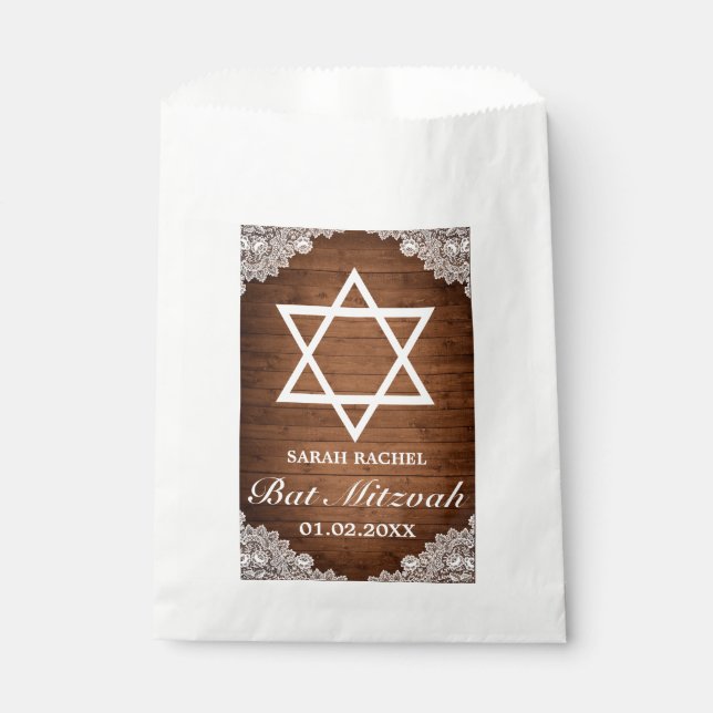 Rustic Wood & White Lace Bar Bat Mitzvah Favor Bag (Front)