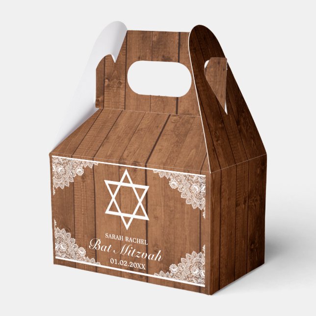 Rustic Wood & White Lace Bar Bat Mitzvah Favor Boxes (Front Side)
